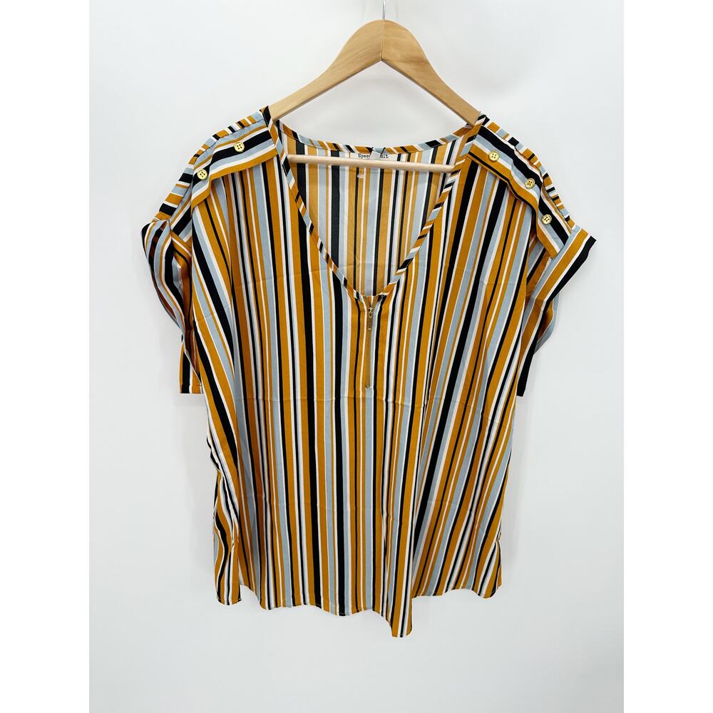 Speed Limit Mustard Yellow Striped Cap Sleeve Zipper Blouse‎ Women 2X 10421X